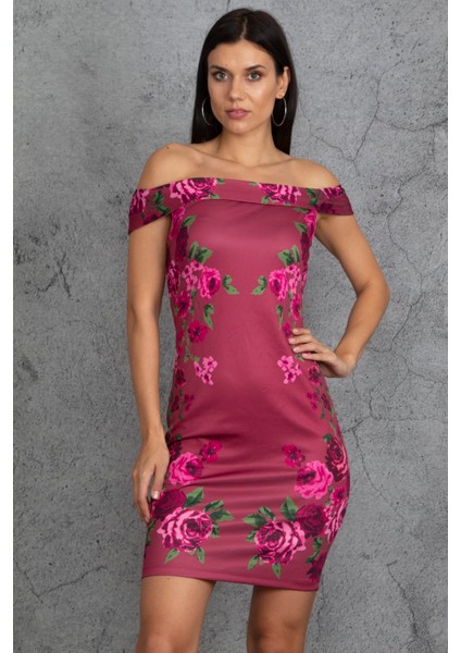 Kadın Bordo Omuz Detaylı Çiçek Desenli Elbise fiyatları