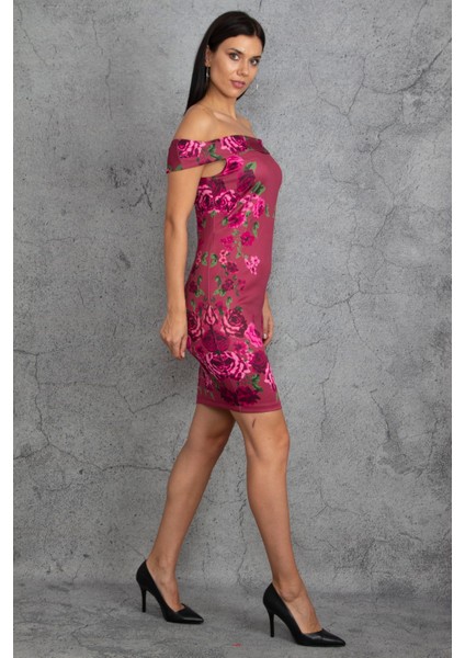 Kadın Bordo Omuz Detaylı Çiçek Desenli Elbise modelleri