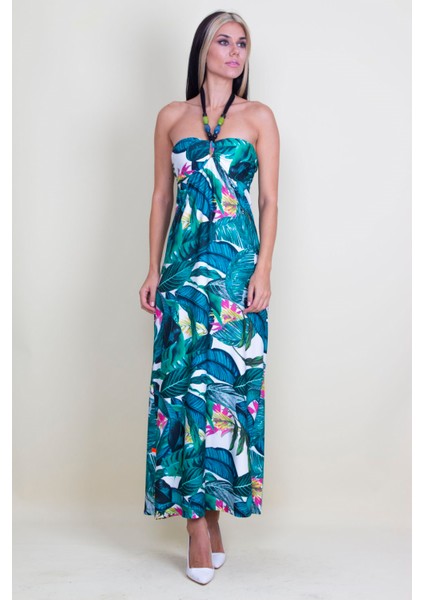 Boyundan Bağlamalı Tahta Boncuk Detaylı Elbise