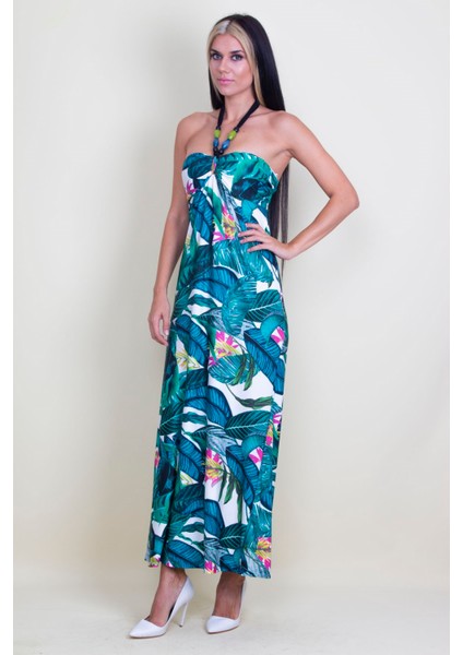 Boyundan Bağlamalı Tahta Boncuk Detaylı Elbise modelleri