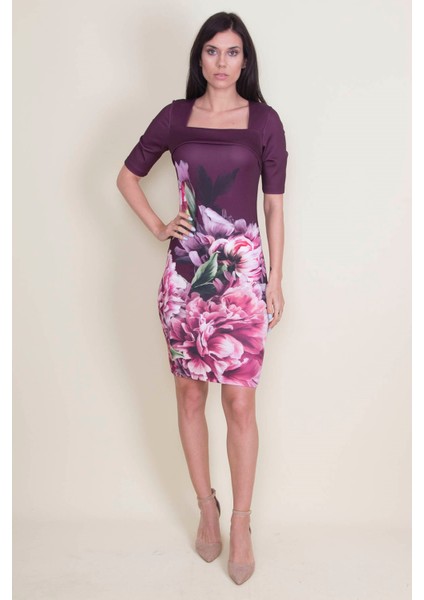 Kadın Mürdüm Yaka Detaylı Çiçek Desen Elbise