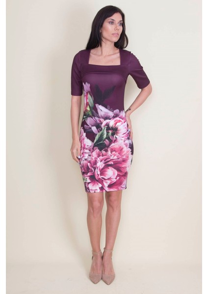 Kadın Mürdüm Yaka Detaylı Çiçek Desen Elbise fiyatları