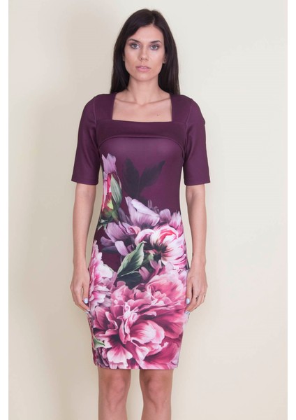 Kadın Mürdüm Yaka Detaylı Çiçek Desen Elbise fırsatları