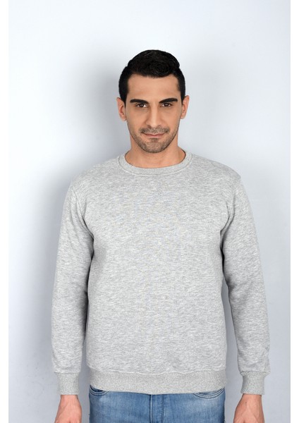 Erkek Gri 3 Iplik Kalın Düz Rahat Sweatshirt