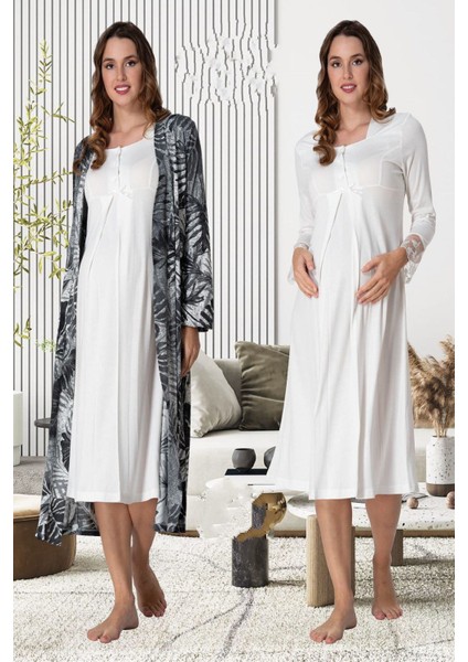 Ekru Sabahlıklı Hamile Lohusa Gecelik Takım