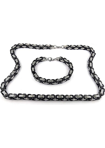 Erkek Siyah-Gümüş Çelik 6 mm Kral Model Kolye Bileklik Set