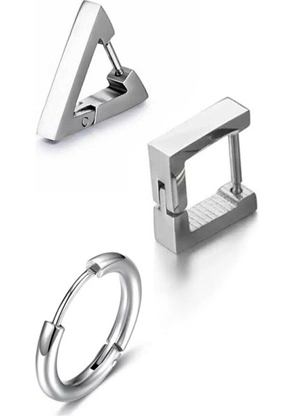 3 Lü Küpe Set, Gümüş Üçgen, Kare, Daire, Cerrahi Çelik Küpe