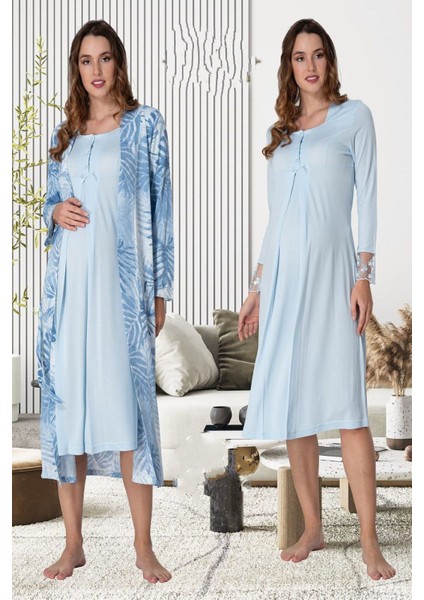 Mavi Sabahlıklı Hamile Lohusa Gecelik Takım