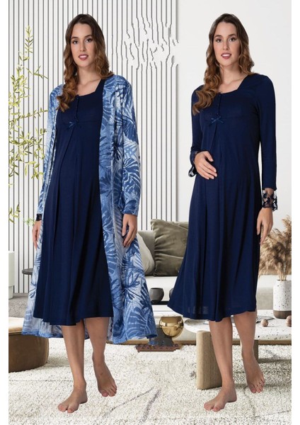 Lacivert Sabahlıklı Hamile Lohusa Gecelik Takım