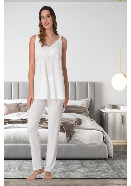 Ekru Ip Askılı Hamile Lohusa Pijama Takımı