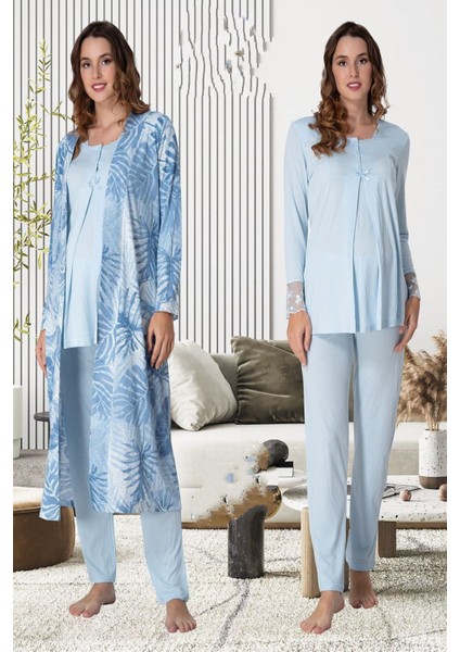 Mavi Sabahlıklı Hamile Lohusa Pijama Takımı