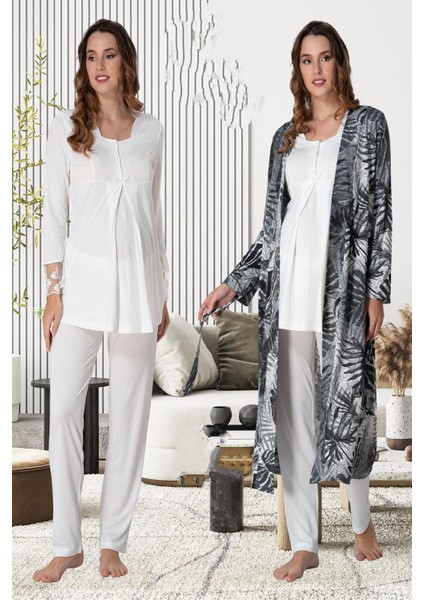 Ekru Sabahlıklı Hamile Lohusa Pijama Takımı