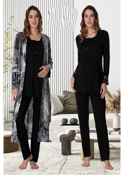 Siyah Sabahlıklı Hamile Lohusa Pijama Takımı