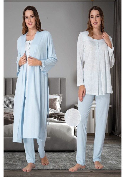 Mavi Sabahlıklı Hamile Lohusa Pijama Takımı