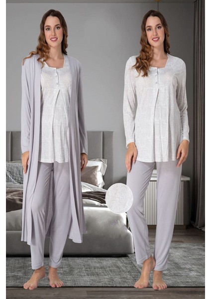Gri Sabahlıklı Hamile Lohusa Pijama Takımı
