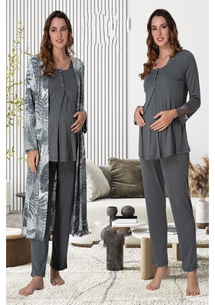 Füme Sabahlıklı Hamile Lohusa Pijama Takımı