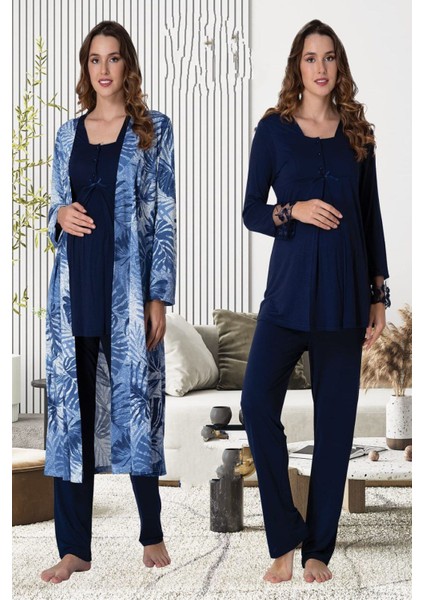 Lacivert Sabahlıklı Hamile Lohusa Pijama Takımı