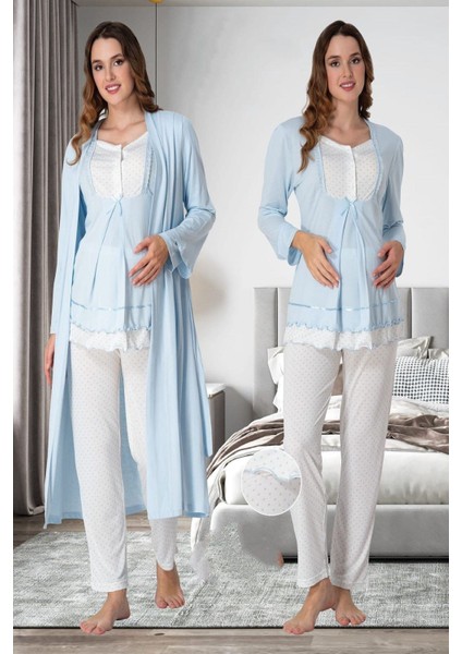 Mavi Sabahlıklı Hamile Lohusa Pijama Takımı