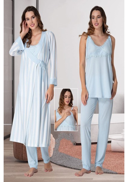 Mavi Sabahlıklı Hamile Lohusa Pijama Takımı