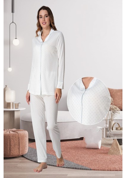 Mavi Önden Düğmeli Kadın Pijama Takımı