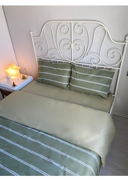 Çift Taraflı Çizgili Su Yeşili Çift Kişilik Nevresim Takımı