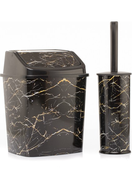 Çöp Kovası Wc Tuvalet Fırçası 2'li Set Siyah Mermer Desenli Set
