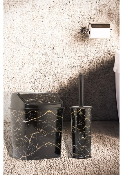 Çöp Kovası Wc Tuvalet Fırçası 2'li Set Siyah Mermer Desenli Set fiyatları