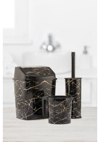 Banyo Seti Çöp Kovası Wc Tuvalet Fırçası Maşrapa 3'lü Set Siyah Mermer Desenli Banyo Seti