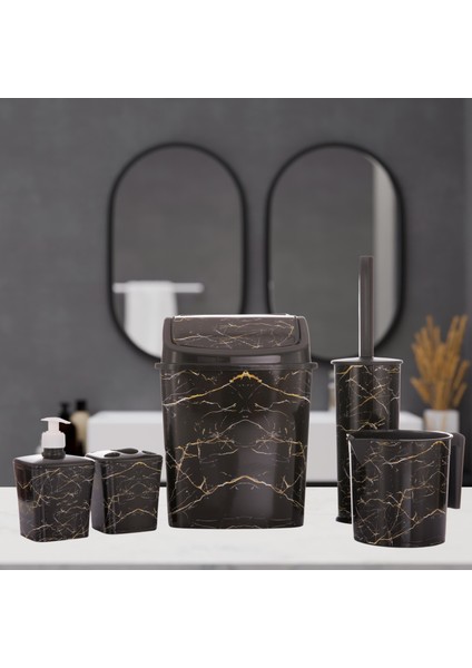 Banyo Seti 5'li Çöp Kovası Wc Tuvalet Fırçası Maşrapa Sabunluk Fırçalık 5'li Siyah Mermer Desenli