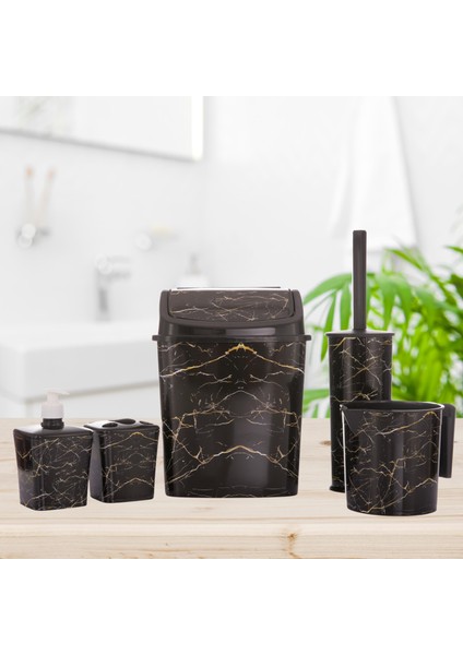 Banyo Seti 5'li Çöp Kovası Wc Tuvalet Fırçası Maşrapa Sabunluk Fırçalık 5'li Siyah Mermer Desenli fiyatları