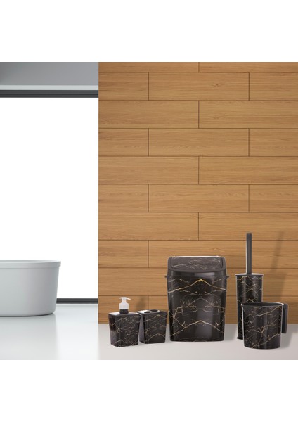 Banyo Seti 5'li Çöp Kovası Wc Tuvalet Fırçası Maşrapa Sabunluk Fırçalık 5'li Siyah Mermer Desenli modelleri