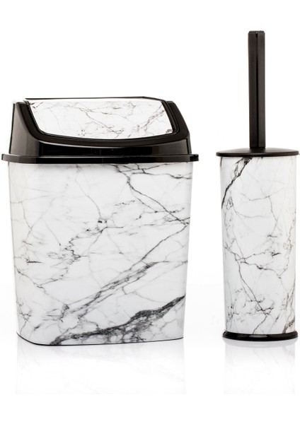 Çöp Kovası Wc Tuvalet Fırçası 2'li Set Beyaz Mermer Desenli Set