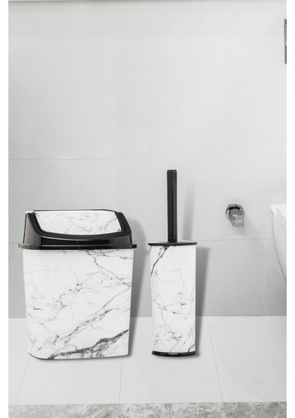 Çöp Kovası Wc Tuvalet Fırçası 2'li Set Beyaz Mermer Desenli Set fiyatları