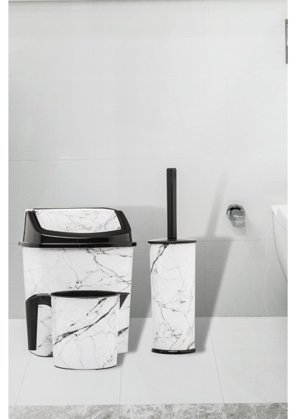 Banyo Seti Çöp Kovası Wc Tuvalet Fırçası Maşrapa 3'lü Set Beyaz Mermer Desenli Banyo Seti fiyatları
