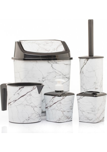Banyo Seti Çöp Kovası Tuvalet Fırçası Maşrapa Sabunluk Diş Fırçalık 5'li 5 Parça Beyaz Mermer Desen