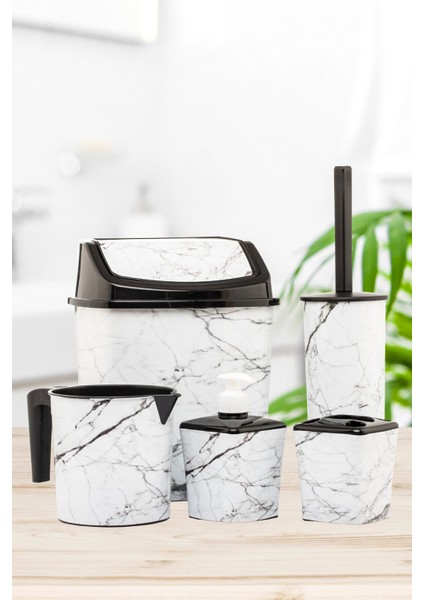 Banyo Seti Çöp Kovası Tuvalet Fırçası Maşrapa Sabunluk Diş Fırçalık 5'li 5 Parça Beyaz Mermer Desen fiyatları