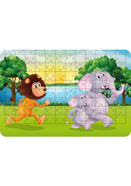 Aslan ve Filler 108 Parça Ahşap Çocuk Puzzle Yapboz