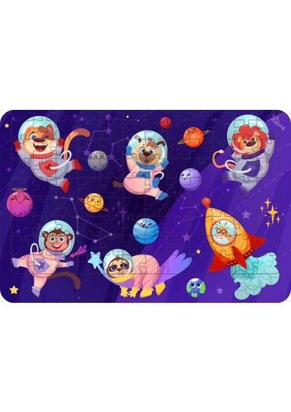 Astronot Hayvanlar 108 Parça Ahşap Çocuk Puzzle Yapboz
