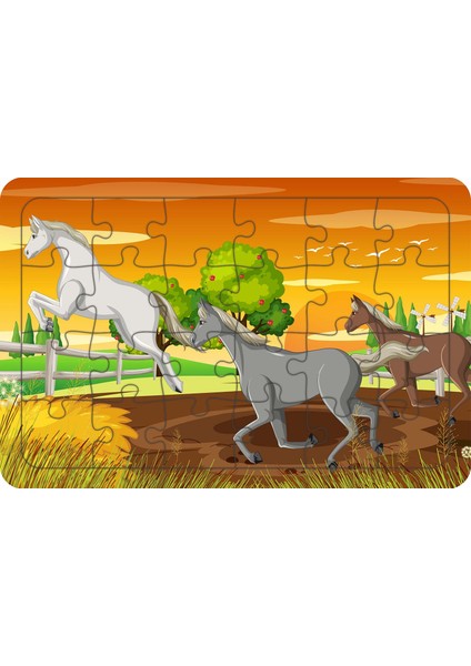 Koşan Atlar 24 Parça Ahşap Çocuk Puzzle Yapboz