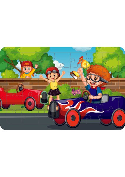 Yarışcı Çocuklar 35 Parça Ahşap Çocuk Puzzle Yapboz
