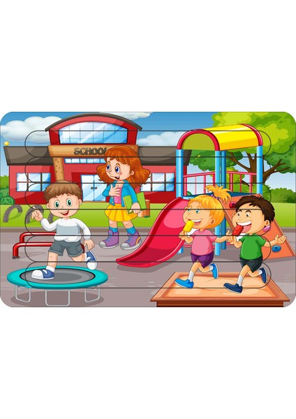 Okuldaki Çocuklar Çubuk Ahşap Çocuk Puzzle Yapboz