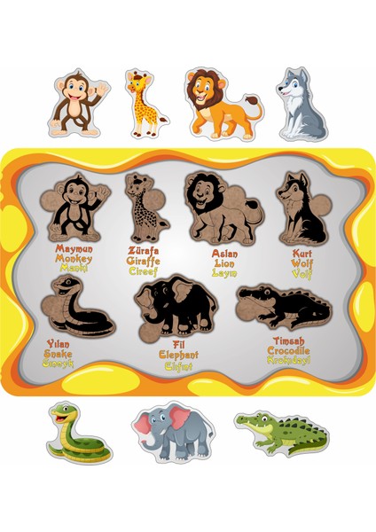 Vahşi Hayvanlar Ahşap Çocuk Puzzle Yapboz Türkçe, Ingilizce