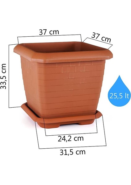 HK03 Hisar Kare Saksı No:3 Tabaklı 37 Cm, 25,5 Litre Kiremit