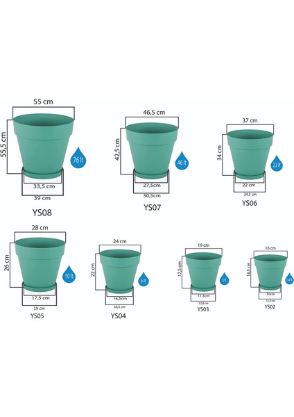 YS02 Yalı Saksı Drenaj Aparatlı Tabaklı Dekoratif Saksı 16CM, 1,7 Litre Antrasit