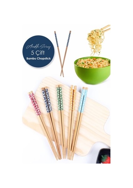 5 Çift Desenli Yıkanabilir Kore Çin Bambu Chopsticks Yemek Çubuğu | Desenli Bambu Chopstick