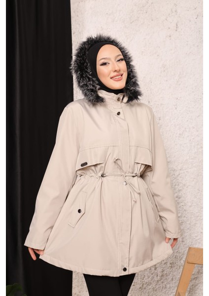 Açık Bej Içi Kürklü ve Su Geçirmez Kadın Kışlık Mont & Kaban