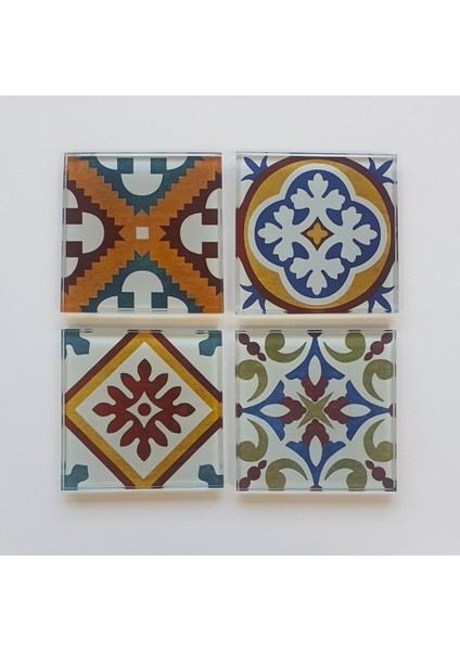 Cam Bardak Altlığı | Çini Desen | 4'lü Takım | 10CM x 10CM