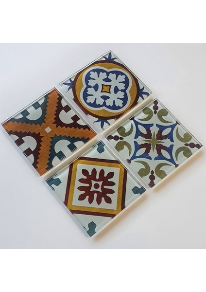 Cam Bardak Altlığı | Çini Desen | 4'lü Takım | 10CM x 10CM