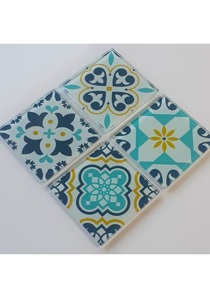 Cam Bardak Altlığı | Modern Çini Desen | 4'lü Takım | 10CM x 10CM