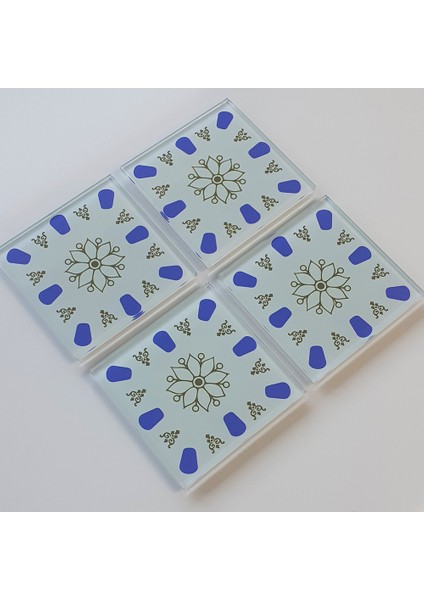Cam Bardak Altlığı | Acem Kahveci - Mavi | 4'lü Takım | 10CM x 10CM